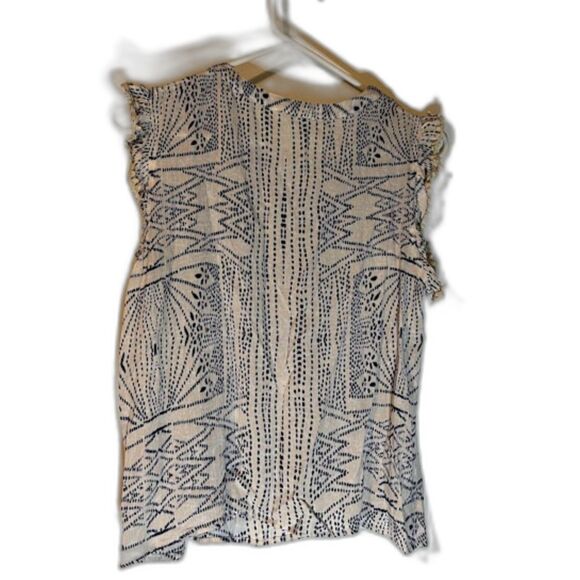 THML Anthropolgie Modern Boho Embroidered White/Blue Print Ruffle Cap Slve Top S - Picture 6 of 6